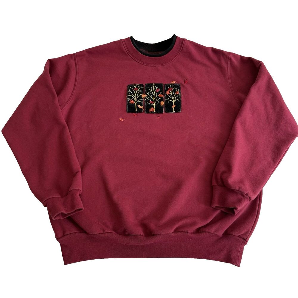 VTG MORNING SUN Sweatshirt Womens Burgundy Red Fall Leaves Trees Autumn Scene L